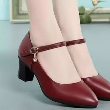 Высокий каблук (6-8см) низкие туфли из полиуретана с острым носком одинарные туфли на толстом каблуке из резины 35 чёрный