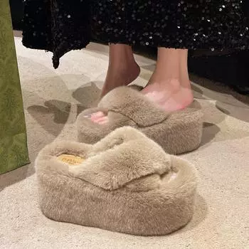 Высокий каблук 9 см пушистые тапочки женские носят новую корейскую версию модные универсальные домашние хлопковые тапочки с крестиком 35