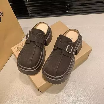 Высокий каблук на плоской подошве с современными тапочками Зимняя женская обувь на распродаже 2025 Модные женские тапочки на платформе с пряжкой и ремешком 35