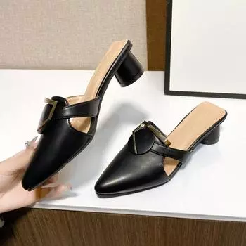 Высокий каблук с острым носком, женская весенняя новая модная верхняя одежда в стиле Baotou, тапочки на толстом каблуке, обувь Muller 35