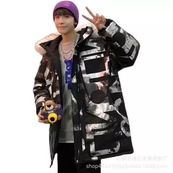 Высокий класс средней длины пуховик Мужская белая утка Пух с капюшоном Свободное ветрозащитное пальто M