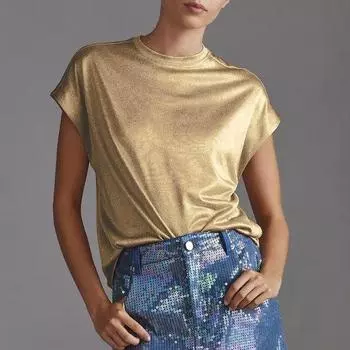 Высокий плечевой рукав сумка свободный утягивающий топ женская круглая горловина с короткими рукавами футболка S