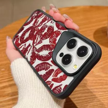 Высокий прозрачный акриловый ударопрочный чехол для iPhone 16 Plus 15 14 13 Pro Max темно-красный узор в виде поцелуя с губами однотонный цвет мягкие края тонкий жесткий чехол iPhone 16 чёрный