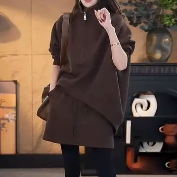 Высокий смысл утолщенный свитер с высоким воротом короткая юбка костюм из двух частей женский осенне-зимний новый мамский модный стиль для уменьшения возраста одежда в иностранном стиле L темно-коричневого