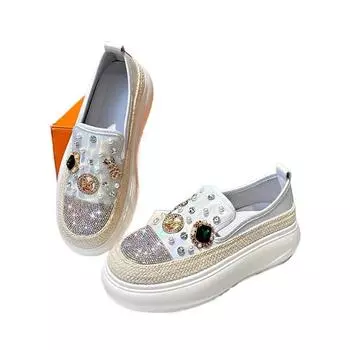 Высокий уровень внешнего вида на толстой подошве, дышащие, без застежек, с бриллиантами и жемчугом, модные, все удобные, нескользящие, одинарные туфли 35 бежевый