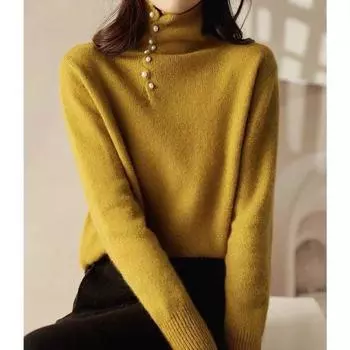 Высокий ворот однотонные базовые свитера женские корейские версии осень зима с длинными рукавами облегающий мягкий удобный вязаный свитер S жёлтый