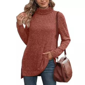 Высокий ворот однотонные трикотажные топы осень-зима нижние футболки для женщин футболки с длинным рукавом одежда S кирпич красный