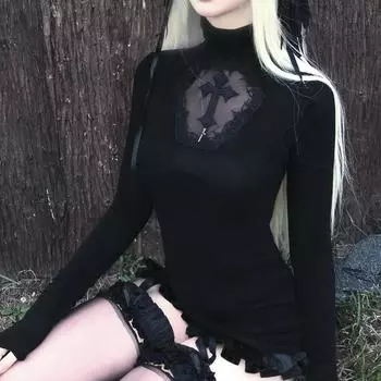 Высокий ворот темный готический крест ажурный утягивающий низ трикотажная рубашка для женщин Хэллоуин костюм длинный рукав сексуальная футболка женские топы S чёрный