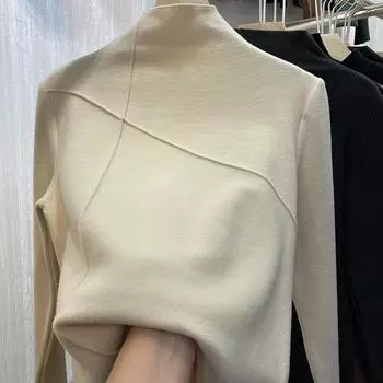 Высокий воротник облегающий свитер с длинными рукавами новый осенне-зимний бархатный женский принт базовая рубашка повседневный тонкий теплый топ M чёрный