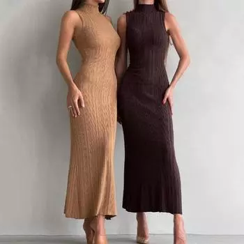 Высокий воротник трикотажные женские платья осень зима Slim Fit Высокая талия бедра пакет дамское платье элегантный без рукавов тонкий женский XXL коричневый