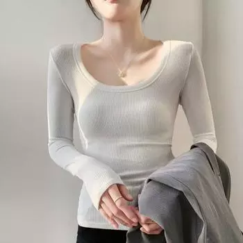 Высокоэластичная хлопковая рубашка с U-образным вырезом, женская футболка с длинными рукавами, осенне-зимняя, новая, сексуальная, утягивающая, универсальная, с круглым вырезом S