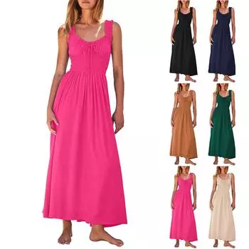 Высокоэластичное повседневное однотонное отпускное платье без рукавов с ремешком L бежевый