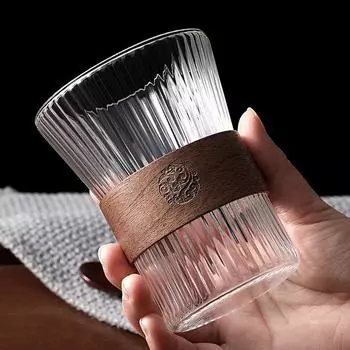 Высокое боросиликатное стекло, легкая роскошная кофейная чашка с вертикальным узором из древесной стружки, портативная подвесная кофейная чашка для питья с молоком и чаем 101-350ml