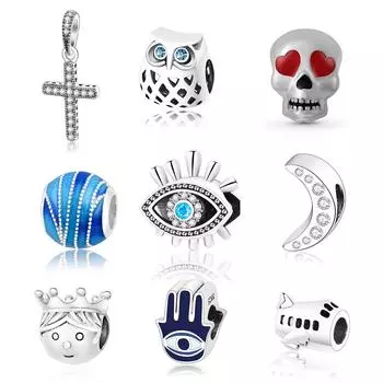 Высокое качество 100% стерлингового серебра 925 пробы бусины подходят оригинальный браслет-подвеска в форме пана череп кольцо с крестом кулон Сова DIY ювелирные изделия