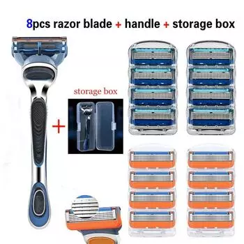 Высокое качество, 8 шт., мужская 5-слойная бритва, двухцветное лезвие, дополнительная нескользящая ручка Gillettee Fusione синий