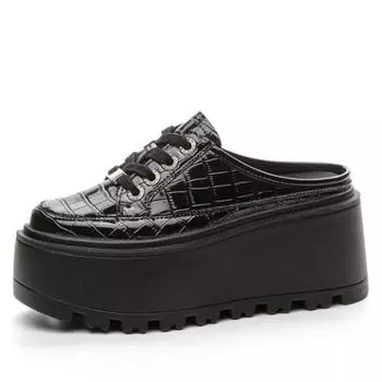 Высокое качество 8 см 2024 года, женские тапочки, сандалии из натуральной лакированной кожи, модные туфли на платформе и танкетке, летние туфли на шнуровке 33 чёрный