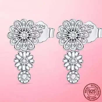 Высокое качество 925 серебряные сверкающие серьги-гвоздики с цветком ромашки трио для женщин серебряные серьги оригинальные модные украшения