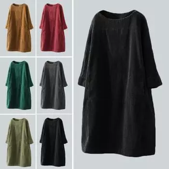 Высокое качество, большой размер, женское осенне-зимнее повседневное теплое однотонное вельветовое свободное платье миди с карманами L чёрный