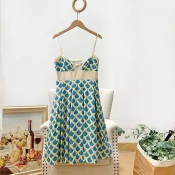 Высокое качество! Европейское и американское Однотонное ~ 55% шелковое платье Маленькое платье ~ Винтажный ретро стиль Платье-слинг Женское Blue 4