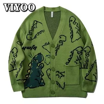 Высокое качество, корейская мода, женский и мужской вязаный кардиган в стиле Харадзюку, уличная одежда, пуловер с рисунком динозавра, рубашки, шерстяные свитера большого размера