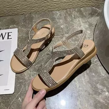 Высокое качество, летние новые дизайнерские сандалии на платформе, женская мода, повседневная римская обувь, женские однотонные сандалии с кристаллами 35 золотой