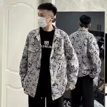 [Высокое качество] Модная брендовая мужская и женская жаккардовая джинсовая куртка Универсальная ретро-модная брендовая куртка с цветочным принтом Ruffian S