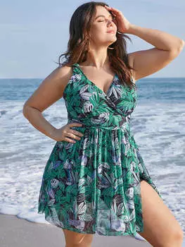 Высокое качество полиэстер купальники женские летние сексуальные купальники с боковыми разрезами цветочные женские тюлевые накидки плюс размер купальный костюм платье пляжная одежда с V-образным вырезом XL синий