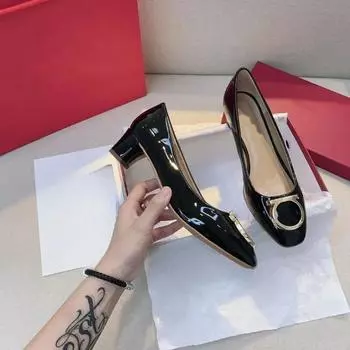 [Высокое качество] Туфли на плоском каблуке с круглой пряжкой ~ Туфли на плоской подошве мелкого кроя, Туфли на толстом каблуке ~ Женские туфли из лакированной кожи с квадратным носком 34
