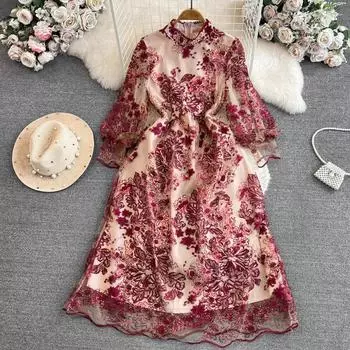 Высокое качество весна лето женское сетчатое платье с вышивкой Festa роскошное длинное элегантное свадебное платье Femme винтажное дизайнерское платье S чёрный