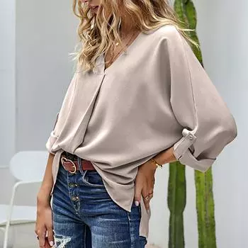 Высокое качество, женские летние повседневные шифоновые блузки с разрезом и V-образным вырезом, свободная туника с коротким рукавом, длинные весенне-осенние офисные элегантные топы S хаки
