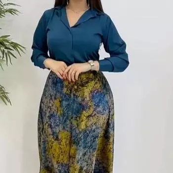 Высококачественная атласная однотонная рубашка из винтажного атласа с принтом в национальном стиле с эластичной талией, новый модный женский костюм с длинной юбкой S
