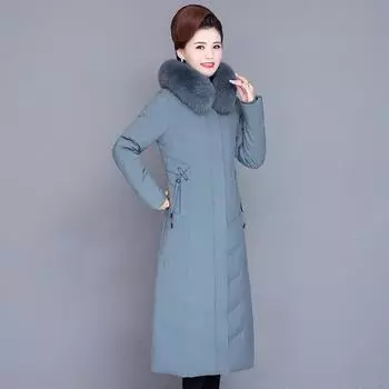 Высококачественная белая куртка-пуховик для женщин среднего возраста, длинное пальто до колена с воротником из лисьего меха, зимнее свободное пальто M чёрный