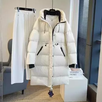 Высококачественная белая куртка-пуховик на утином пуху 90% женская, средняя и длинная, зимняя, 2024, новая, утолщенная талия, выше колена, теплая куртка, большой размер S хаки