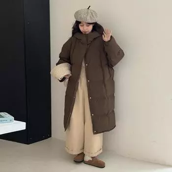 Высококачественная белая стеганая куртка-пуховик на утином пуху, женская зимняя утепленная модная свободная куртка до колена большого размера 2024 года one size fits all темно-коричневого