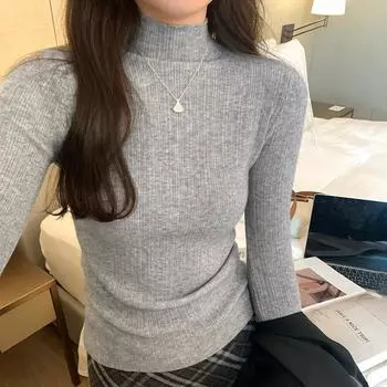 Высококачественная белая трикотажная нижняя рубашка для женщин на осень и зиму, полуводолазка в корейском стиле, внутренний топ, простой мягкий вощеный свитер S