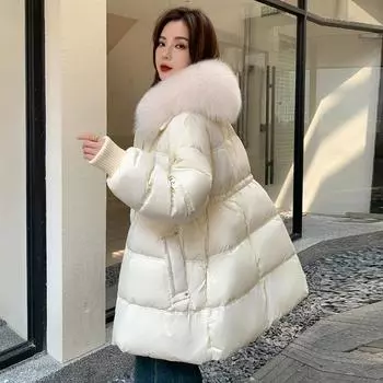 Высококачественная белая утиная пуховая куртка с большим меховым воротником, женская зимняя куртка 2024 года средней и длинной длины, теплая, модная куртка Tide S