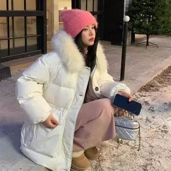 Высококачественная белая утиная пуховая куртка женская средняя и длинная зимняя 2024 новая модная талия большой меховой воротник куртка S