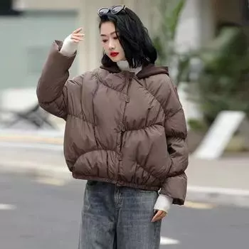 Высококачественная белая вязаная шапка из утиного пуха, женская короткая куртка-пуховик 2024 года, зимняя мода, теплая литературная куртка M темно-коричневого