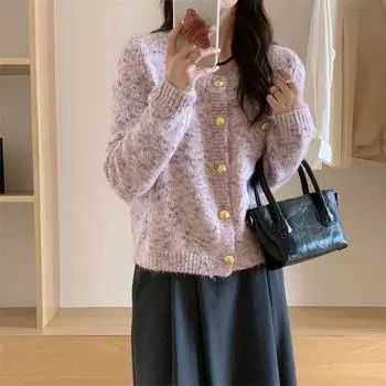 Высококачественная цветочная нить, специальная пряжа, небольшой ароматный стиль, вязаный кардиган для женщин, осенняя новая короткая пестрая куртка с круглым вырезом one size fits all синий