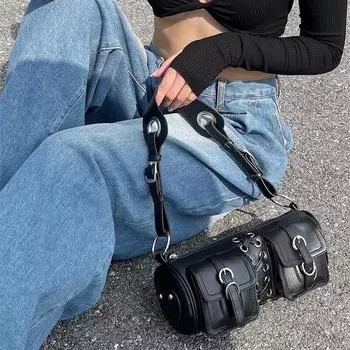 Высококачественная дизайнерская сумка Sense Niche Spice Bag с плетеным двойным карманом, сумка-цилиндр, сумка через плечо в байкерском стиле чёрный