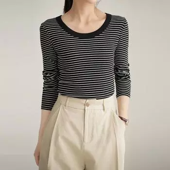 Высококачественная футболка из чистого хлопка, женская рубашка с длинными рукавами в полоску, осенняя новинка, круглый вырез, облегающий универсальный топ S