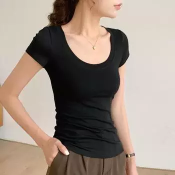 Высококачественная футболка из чистого хлопка, женская, с короткими рукавами, с круглым вырезом, сексуальная, обтягивающая, новая летняя рубашка с однотонным низом S