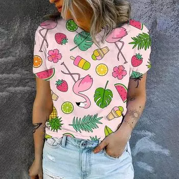 Высококачественная футболка с принтом фламинго, летняя дышащая свободная повседневная женская футболка, уличная мода, новая футболка с круглым вырезом S