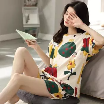 Высококачественная хлопковая женская пижама, летние шорты с коротким рукавом, с рисунком, милая, модная одежда для сна, студенческая женская ночная рубашка M
