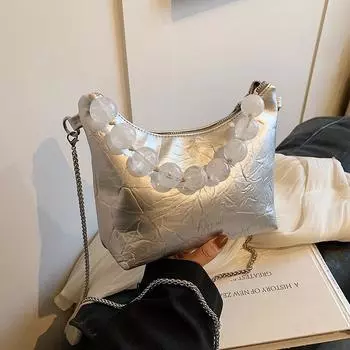 Высококачественная и нишевая сумка через плечо с цепочкой, весна 2024 г., новая плиссированная сумка в китайском стиле с жемчугом, ручная сумка для пельменей из мягкой кожи