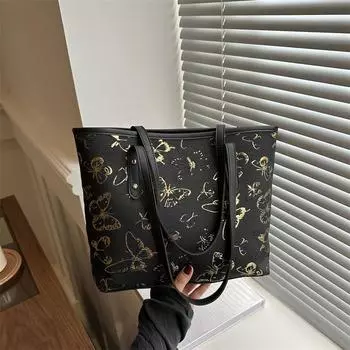 Высококачественная и вместительная сумка с принтом бабочек в корейском стиле, женская сумка на лето 2024 года, сумка через плечо под мышкой, сумка-тоут чёрный