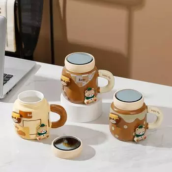 Высококачественная индивидуальная креативная керамическая чашка с крышкой, набор чашек с изображением медведя, подарочная чашка для воды 480ML