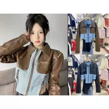 Высококачественная короткая куртка из искусственной кожи с цветными блоками и шнуровкой на лацканах для женщин. Осень, новый стиль, модный дизайн, универсальный топ M