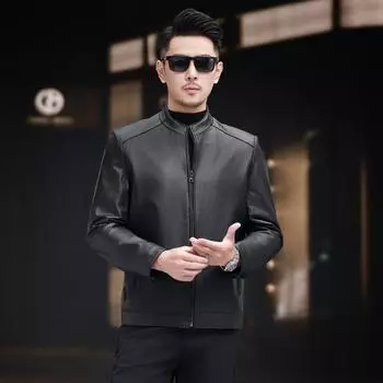 Высококачественная кожаная куртка мужская, первый слой из коровьей кожи, средний воротник-стойка, мужская деловая повседневная кожаная куртка M чёрный