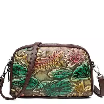 Высококачественная кожаная сумка, роскошный дизайнерский ретро-этнический стиль, 3D-печатная сумка на плечо, модная диагональная сумка с карманом для телефона через плечо чёрный